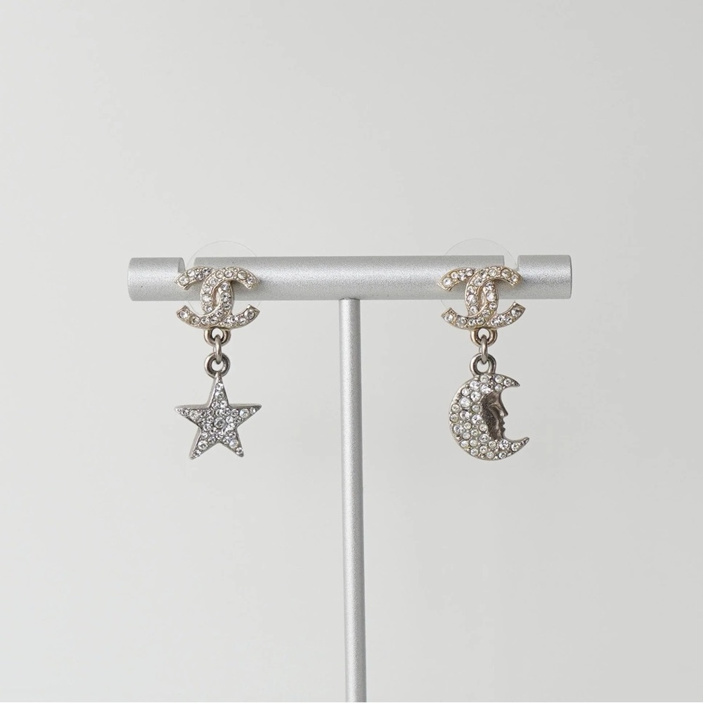 CHANEL Silver Star and Moon Crescent Earrings